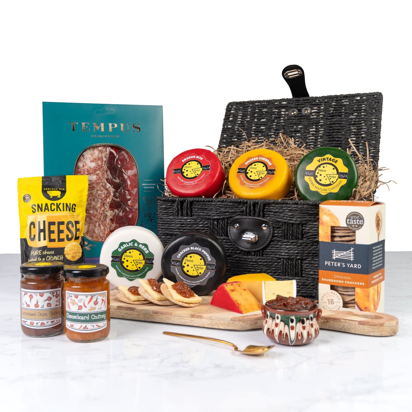 The Cheese Wedge Company Cheese & Charcuterie Hamper | 5 Cheeses, 2 Chutney, Charcuterie, Crackers & Cheese Bites In Hamper Basket