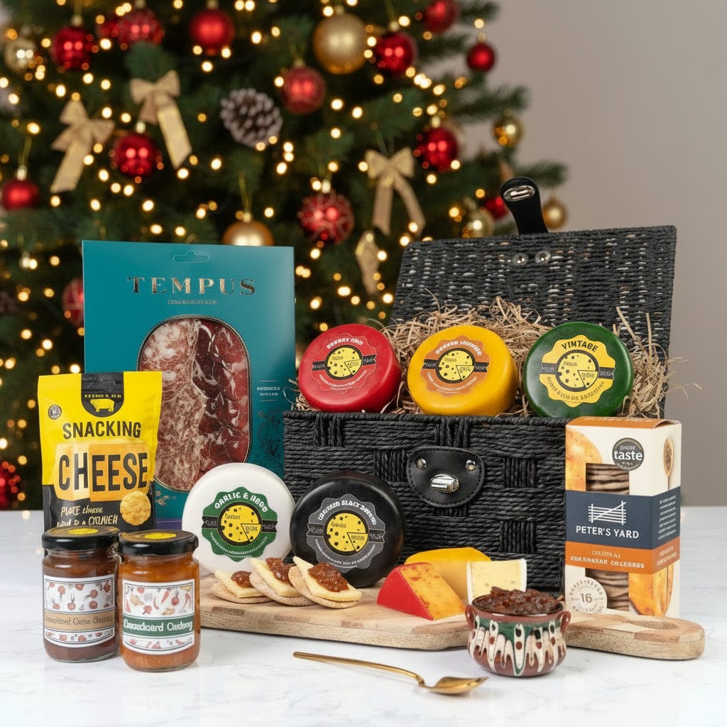 Cheese & Charcuterie Hamper | 5 Cheeses, 2 Chutney, Charcuterie, Crackers & Cheese Bites In Hamper Basket