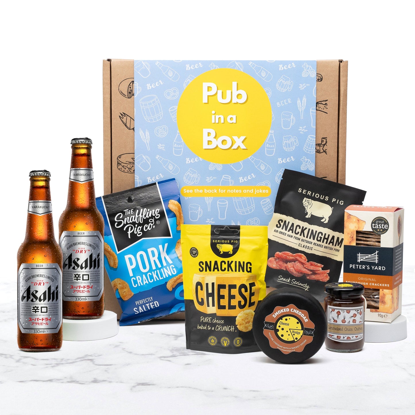 The Cheese Wedge Company Alcohol Hamper 2x Asahi Super Dry Lager 5% (330ml) Pub In A Box | Cheese and Beer Gift Hamper Set | Ultimate British Pub Experience