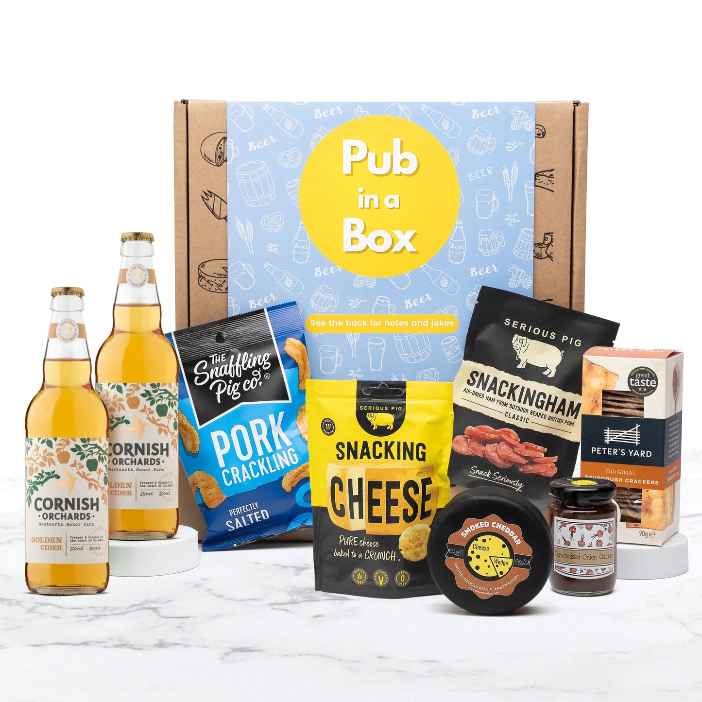 The Cheese Wedge Company Alcohol Hamper 2x Cornish Orchard Gold Cider 5% (500ml) Pub In A Box | Cheese and Beer Gift Hamper Set | Ultimate British Pub Experience