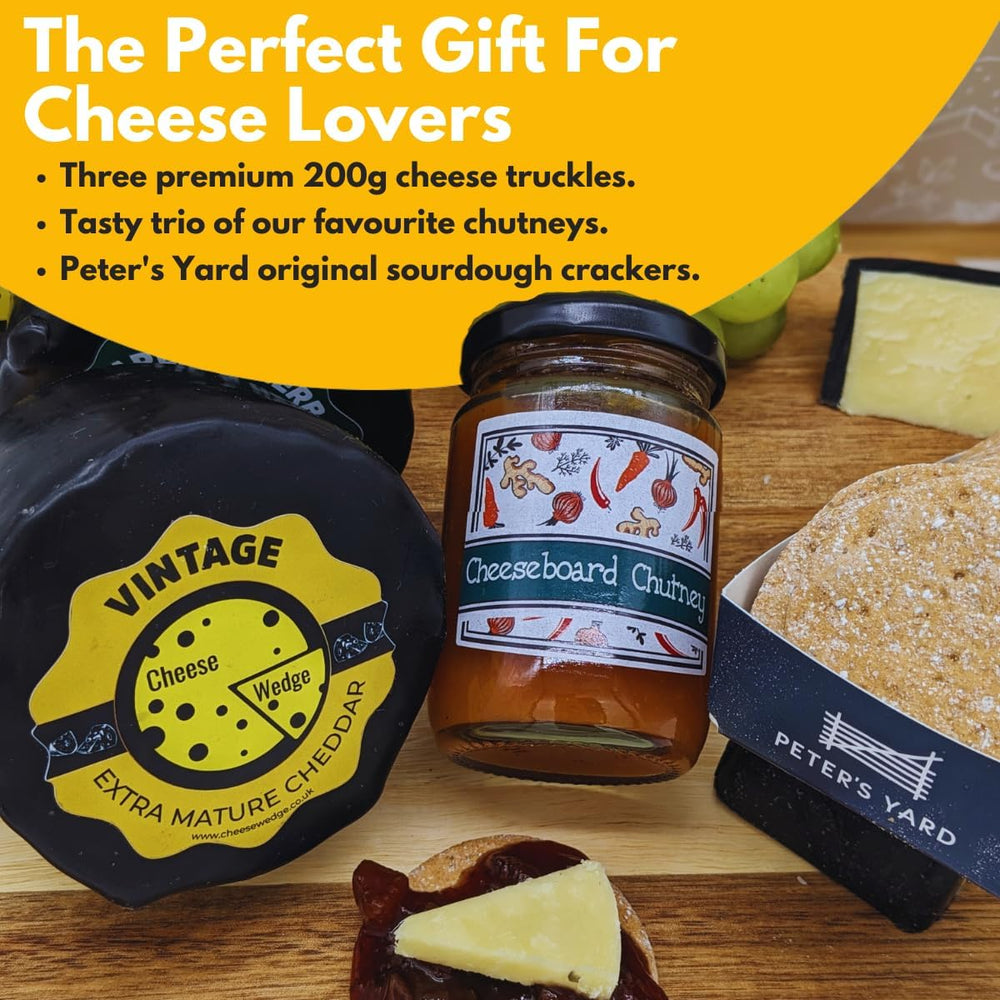 
                      
                        The Cheese Wedge Company Cheese Lovers Gift Selection | 3 Chutneys, 3 Waxed Cheese Truckle and Crackers
                      
                    