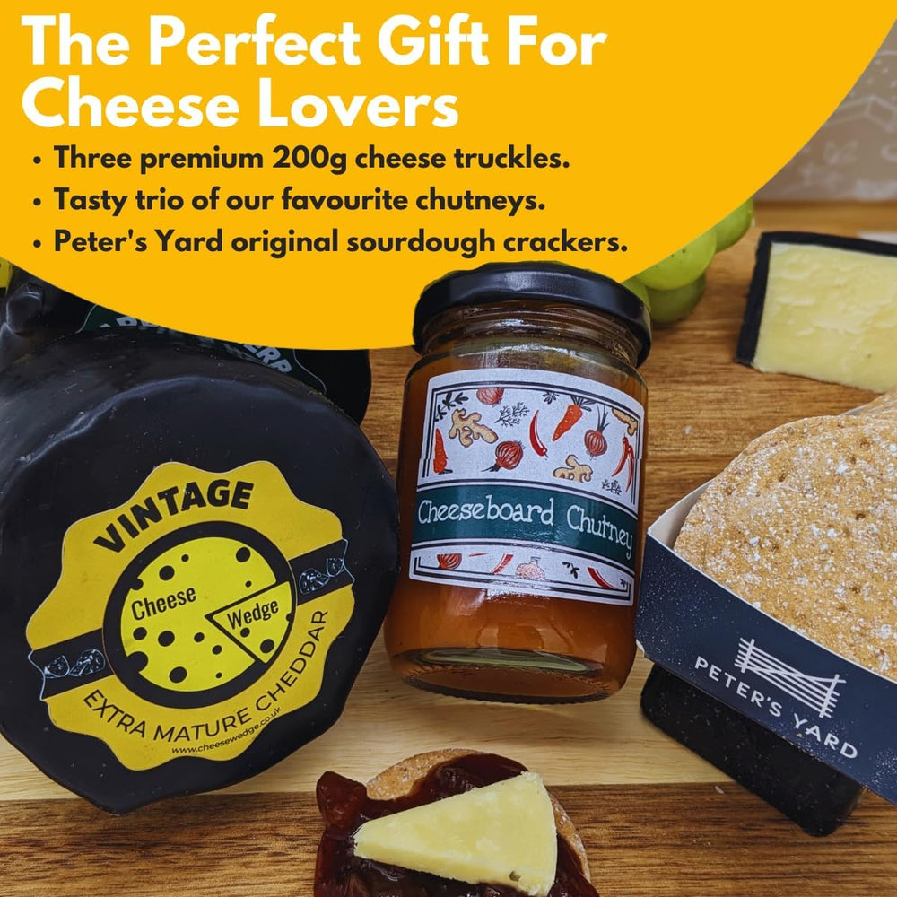 The Cheese Wedge Company Cheese Lovers Gift Selection | 3 Chutneys, 3 Waxed Cheese Truckle and Crackers