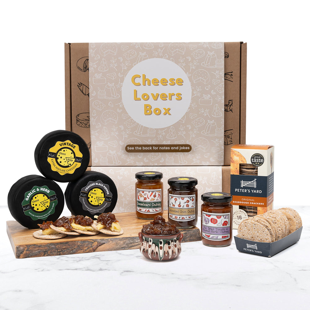 
                      
                        The Cheese Wedge Company Selection Box Cheese Lovers Gift Selection | 3 Chutneys, 3 Waxed Cheese Truckle and Crackers
                      
                    