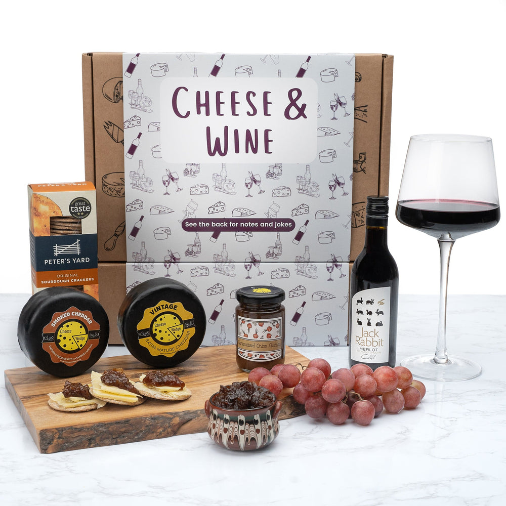 The Cheese Wedge Company Alcohol Hamper Red Wine & Cheese Gift Box - Including Crackers & Chutney