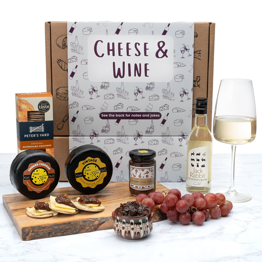 The Cheese Wedge Company Alcohol Hamper White Wine & Cheese Gift Box - Including Crackers & Chutney