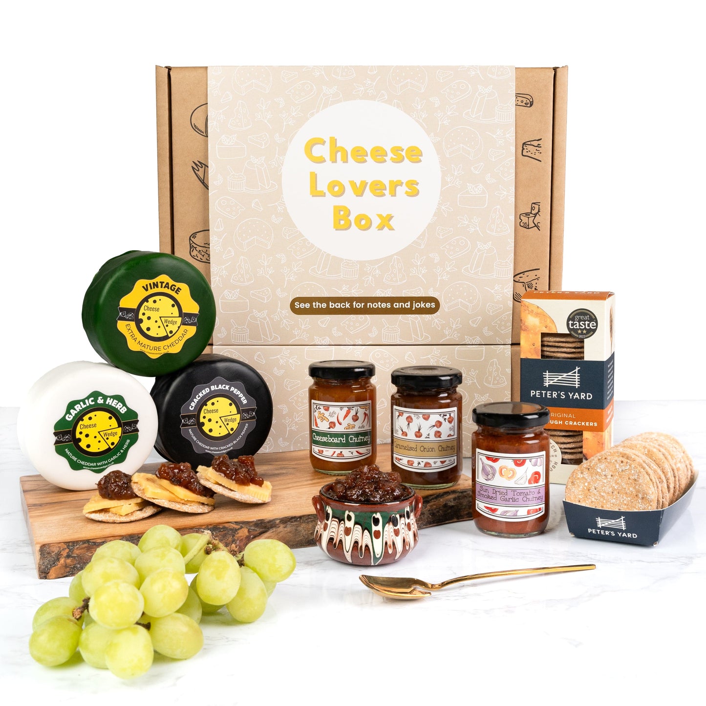 The Cheese Wedge Company Selection Box Cheese Lovers Gift Selection | 3 Chutneys, 3 Waxed Cheese Truckle and Crackers