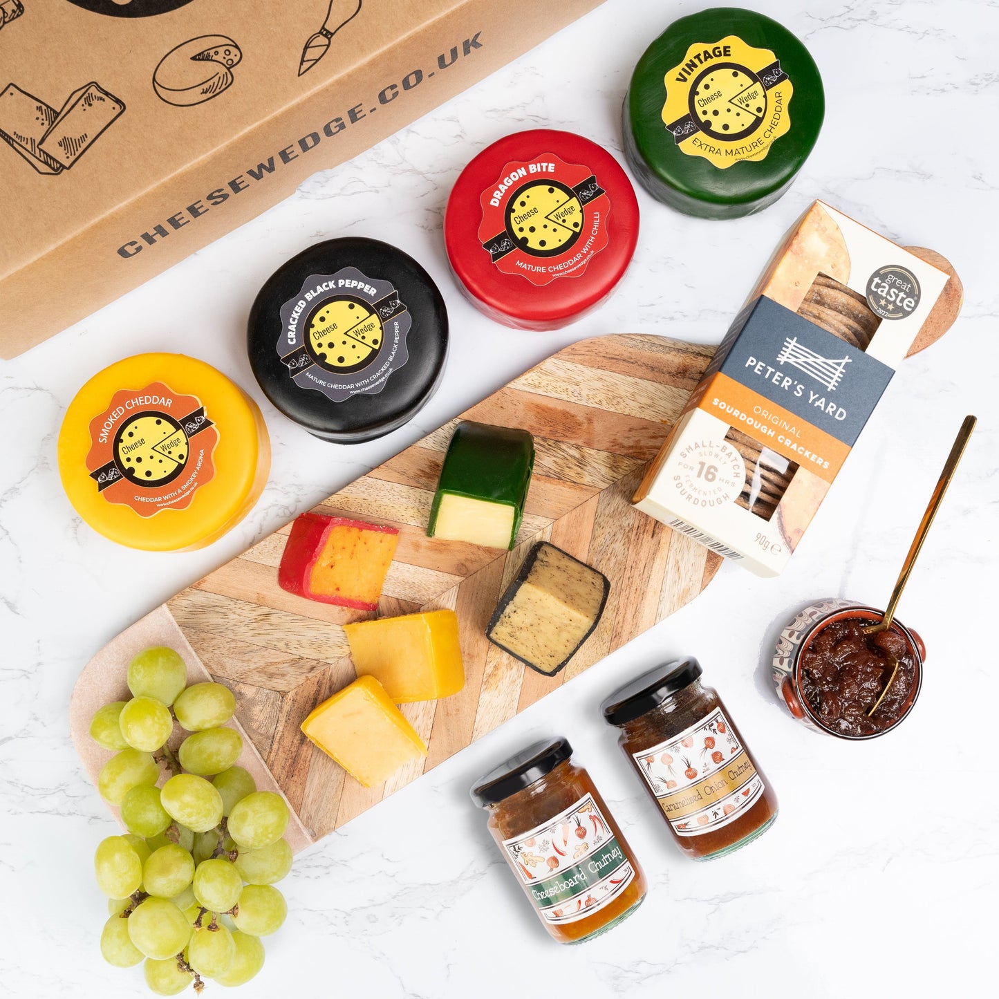 The Cheese Wedge Company Selection Box Cheese Wedge Company | Cheese, Chutney & Cracker Gift Box | 4 Luxury Handmade Cheeses, 2 Chutneys & Premium Crackers
