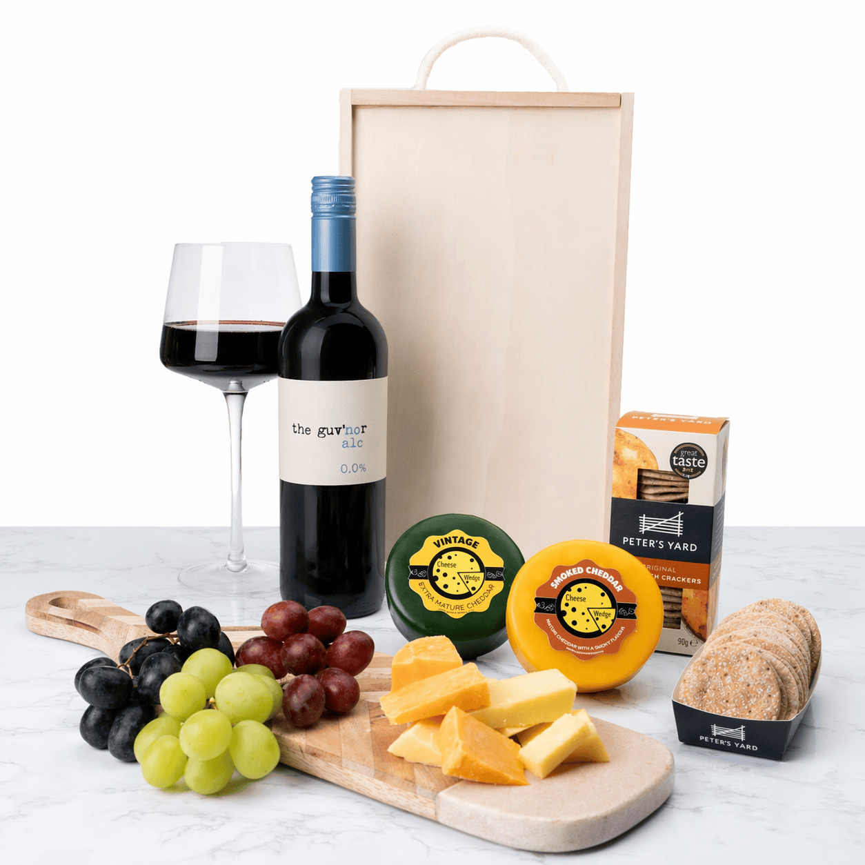 The Cheese Wedge Company Alcohol Hamper The Guv'nor 0.0% Alcohol Free Non-Alcoholic Cheese Gift Hamper with Crackers – Personalise Your Drink & Cheeses