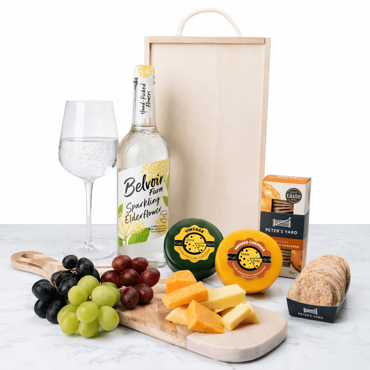 The Cheese Wedge Company Alcohol Hamper Belvoir Farm Elderflower Sparkling Soft Drink Non-Alcoholic Cheese Gift Hamper with Crackers – Personalise Your Drink & Cheeses