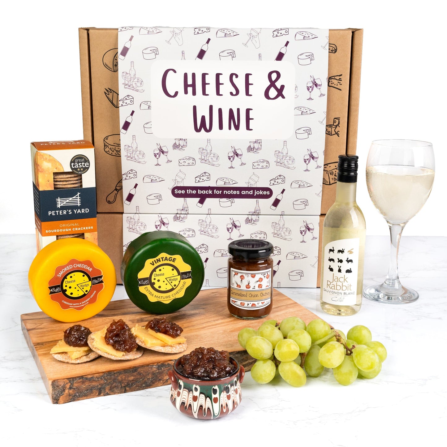 The Cheese Wedge Company Alcohol Hamper White Wine & Cheese Gift Box - Including Crackers & Chutney